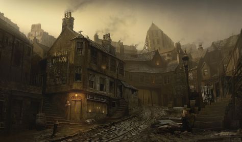 Old Slums, George Johnstone on ArtStation at https://www.artstation.com/artwork/OADew City Images, Fantasy Story Ideas, Steampunk City, Victorian Vampire, Medieval City, Victorian London, Medieval World, Dark City, Building Art