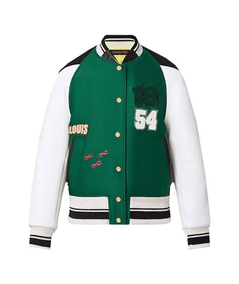 Elevate your wardrobe game with Louis Vuitton Patch Varsity Jacket in Green, your exclusive pass to the stylish and trendsetting Varsity Wingdom Green Varsity Jacket, Louis Vuitton 2022, 2022 Ss, Style Sportif, Aviator Jackets, Letterman Jacket, Louis Vuitton Official, Genuine Leather Jackets, Leather Sleeve