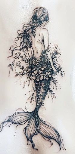 Mermaid Tattoo With Flowers, Mermaid Tattoo Ideas For Women Leg, Mermaid Flower Tattoo, Calf Sleeve Women Tattoo, Mermaid And Fairy Tattoo, Side Thigh Tattoos Women Unique, Flower Mermaid Tattoo, Whimsical Mermaid Tattoo, Mystical Mermaid Tattoo