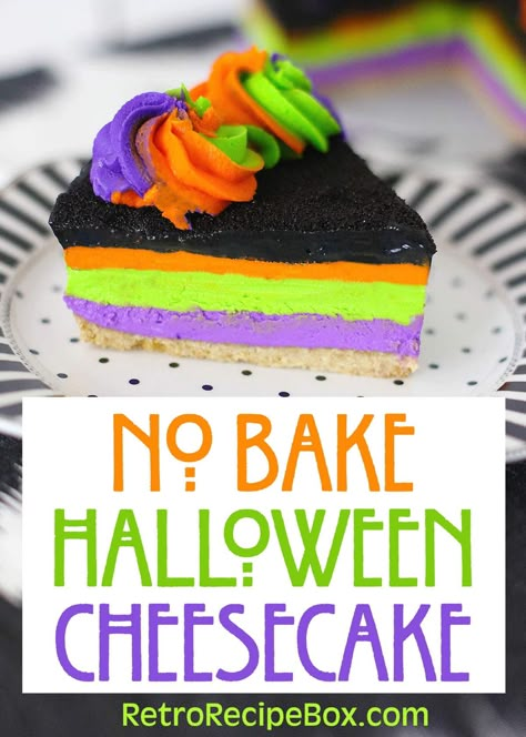 No Bake Halloween Cheesecake is fun to make and serve. With all the colored layers, it's sure to be a great hit at the Halloween party. It's a no bake cheesecake, so you can make it ahead and have it ready to serve when you need it. retrorecipebox.com Fun Cheesecake Recipes, Halloween Cheesecake, Bake Halloween, No Bake Cheesecake Recipe, Halloween Party Desserts, Dessert No Bake, Halloween Food Treats, Halloween Foods, Food For Party