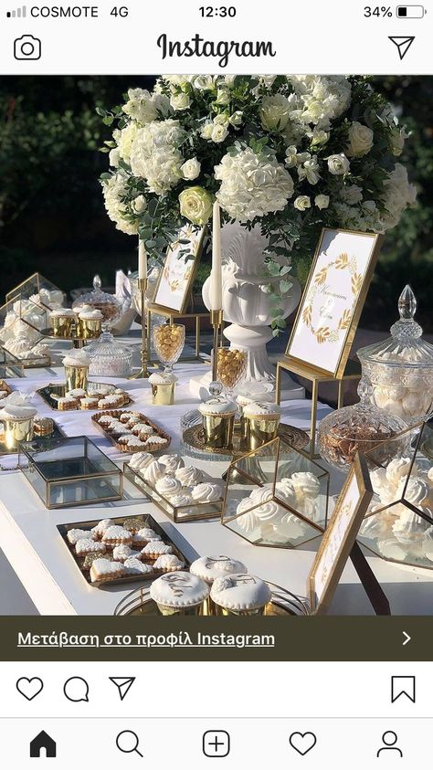 Wedding Cake Tables Ideas Elegant, Wedding Dessert Table Gold, White And Gold Food Display, Nikah Table Decor, Simple Wedding Snack Table, Desert Bar Wedding Mini Desserts, Sweet Table Wedding Elegant, Engagement Buffet, Wedding Dessert Buffet Ideas