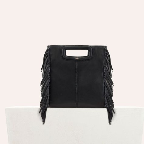 MLEATHERMLEATHER Black 210 | maje.com Studded Leather Bag, Fringe Tote Bag, Leather Fringe Bag, Black Leather Tote Bag, Gold Logo, Leather Fringe, The Bag, Black Cross Body Bag, Black Tote Bag