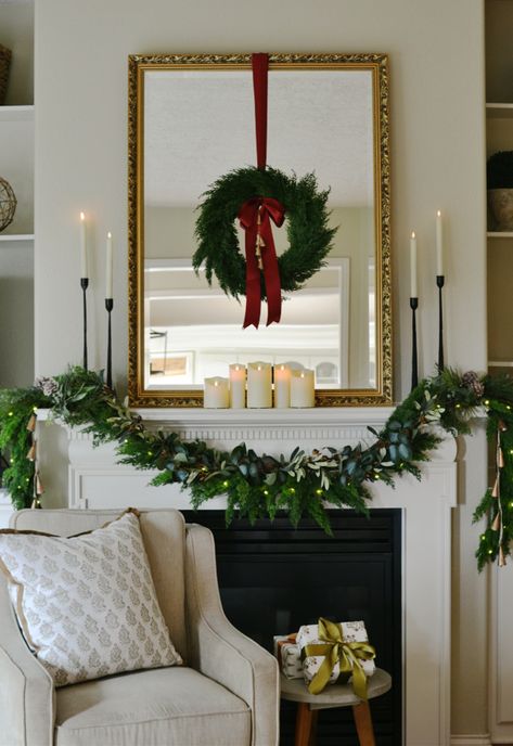 Classic Christmas Decor Ideas, Wreath On Mirror, Classic Christmas Decor, Christmas Tours, Christmas Decor Inspiration, Christmas Interiors, Christmas Mantle, Christmas Inspo, Merry Christmas To You