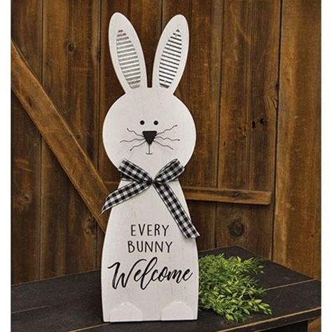 Standing Bunny, Painted Eyes, Spring Easter Crafts, Display Easel, Block Craft, Black And White Gingham, Corrugated Metal, Easter Signs, Thankful And Blessed