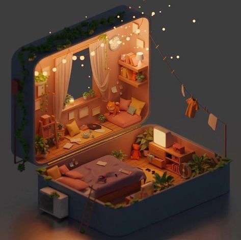 Polygon Modeling, Environment Props, 2022 Art, Isometric Art, Creative Drawing Prompts, Isometric Design, Night And Day, Tiny World, Teen Life Hacks