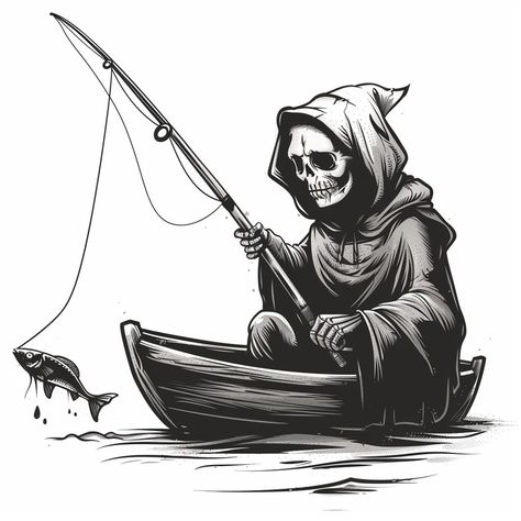 Fisherman Tattoo Ideas, Skull Images, Fishing Tattoo, Reaper Tattoo, Boozy Desserts, Upper Arm Tattoos, Macabre Art, Quirky Art, Fishing Life