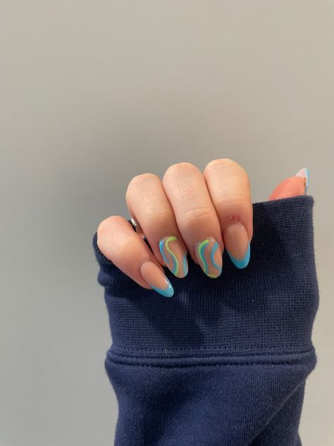 Yellow Blue And Green Nails, Blue Green And White Nails, Blue And Green Nail Art, Green And Blue Summer Nails, Green And Blue Nail Ideas, Blue And Green French Tip Nails, Light Blue And Green Nails, Blue And Green Nails Ideas, Blue Green Nails Designs