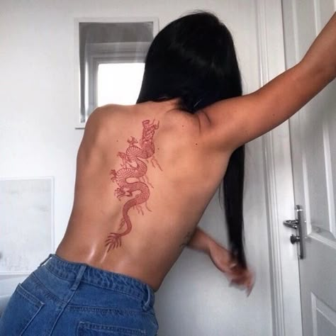 Back Red Tattoo Women, Feminine Dragon Tattoo For Women Back, Dragon Tattoo For Women Chest, Tattoo Ideas Female Back Spine Dragon, Cute Chest Tattoos For Women, Long Back Tattoos For Women, Red Back Tattoo Women, Red Ink Back Tattoo Women, Tatoos Woman Back