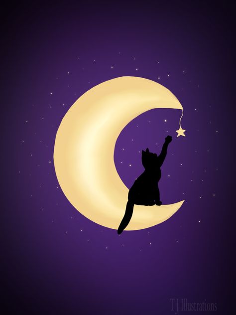 Cat Moon And Stars Tattoo, Cat Playing With Moon Tattoo, Moon Silhouette Painting, Cat On The Moon Drawing, Cat Moon Painting, Cat And Moon Aesthetic, Cat And Moon Drawing, Moon Cat Drawing, Cat Moon Wallpaper