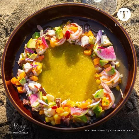 Octopus ceviche with shrimp in chile manzano sauce, a diverse dish with exquisite colours and flavours. Ceviche Plating Ideas, Ceviche Presentation, Ceviche Fine Dining, Gourmet Ceviche, Ceviche Plating, Octopus Ceviche Recipe, Seafood Presentation, Ceviche Gourmet, Octopus Ceviche