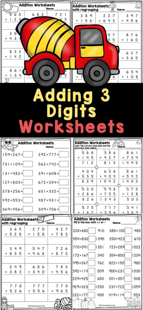 Triple Digit Addition With Regrouping, Grade 3 Math Worksheets, Homeschool Addition, 3 Digit Addition With Regrouping, Water Cycle For Kids, Division Math Games, Summer Math Activities, Math Addition Games, 3 Digit Addition