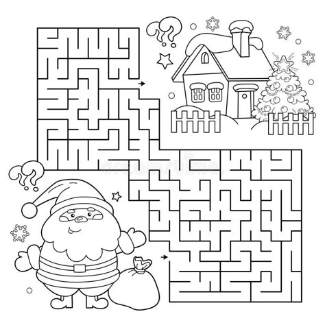 Maze or Labyrinth Game. Puzzle. Coloring Page Outline of Santa Claus with gifts bag and Christmas tree. New year. Christmas. Illustration about santa, matching, goal - 231314223 Christmas Activity Printables Free, Christmas Mazes For Kids Free Printables, Christmas Puzzles For Kids, Printable Christmas Activity Sheets, Christmas Activity Pages, Christmas Activity Sheets, Santa Claus With Gifts, Christmas Printable Activities, Christmas Maze