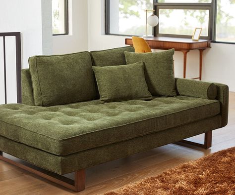 Sofas + Sectionals - Dania Furniture Chaise Lounge Mid Century Modern, Mid Century Modern Chaise, Comfortable Sofas Living Room Modern, Mid Century Modern Sofa Living Room, Mid Century Modern Sofas, Mid Century Boho Decor, Olive Office, Olive Green Sofa, Apartment Themes