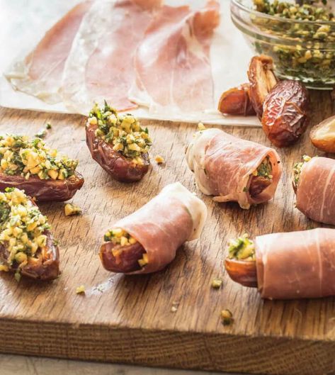 Prosciutto Wrapped Dates, Wrapped Dates, Stuffed Dates, Stuffed Grape Leaves, Prosciutto Wrapped, America's Test Kitchen Recipes, Americas Test Kitchen, Finger Food Appetizers, Food Words