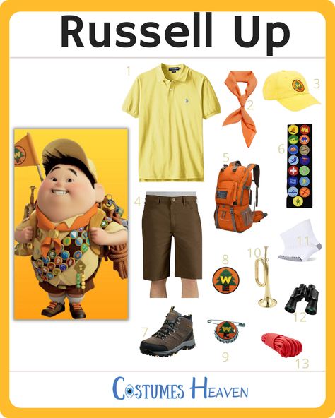 Adventure Costume Ideas, Wilderness Explorer Disneybound, Diy Russell From Up Costume, Russell Up Costume Diy, Russell Halloween Costume, Disney Up Costume Ideas, Explorer Outfit Adventure, Boy Scout Costume, Russel Costume