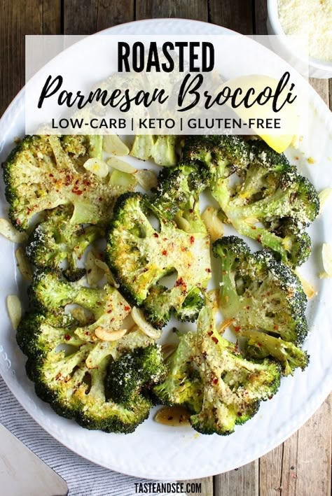 This Roasted Parmesan Broccoli is a yummy, easy healthy veggie side dish! #GlutenFreeVeggies #LowCarbVeggies #HealthyRecipes #ParmesanBroccoli #TasteAndSee Roasted Parmesan Broccoli, Broccoli Roasted, Easy Veggie Side Dish, Veggie Side Dish, Parmesan Broccoli, Garlic And Olive Oil, Healthy Veggie, Low Carb Veggies, Diner Recept