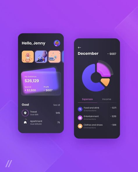 PURRWEB MVP & UI/UX on Instagram: “Hi, everyone! This is our recent attempt to design a Finance app — an app for budget management, analysis of income and expenses. 💵 There…” Finance App Design, Finance App Ui Design, Figma Projects, Budget Planner App, Dark Apps, Personal Finance App, Budget Management, Saving App, Android Development