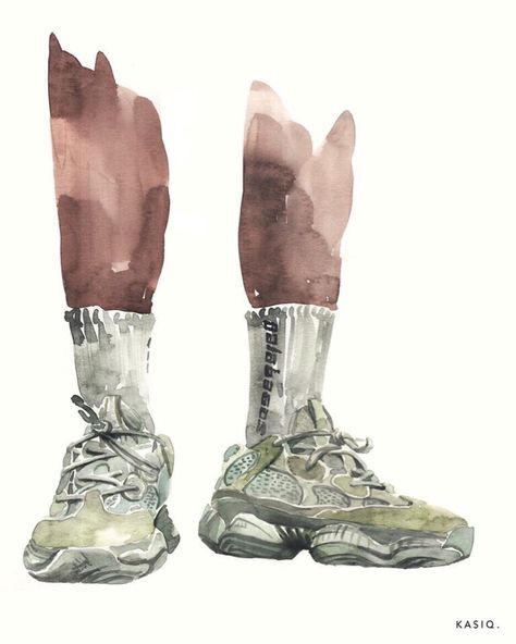 Kasiq Jungwoo, Kanye Tweets, Shoes Reference, Travel Sketching, Sneakers Illustration, Color Pencil Illustration, Illustration Series, Shoes Illustration, Watercolor Fashion