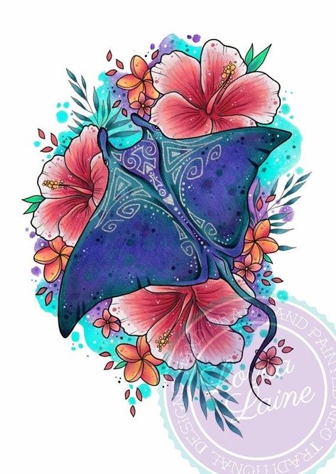 Hip Tattoo Cover Up Ideas For Women, Beach Themed Tattoos, Ocean Themed Tattoos, Sea Creature Art, Manta Ray Art, Manta Ray Tattoo, Ocean Theme Tattoos, Ray Tattoo, Sea Creatures Art