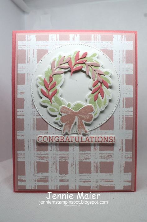 Stampin' UP! Cottage Wreaths stamp set + Country Wreaths dies & Charming Sentiments stamp set & Sentiments Silhouettes dies + Gingham Cottage DSP Gingham Cottage Dsp, Wondrous Wreath, Cottage Wreath, Global Design Project, Country Wreaths, Congrats Card, Leaf Cards, Elegant Cards, Friendship Cards