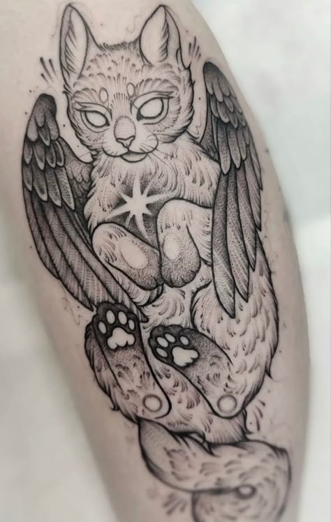 One Eyed Cat Tattoo, Gothic Animal Tattoo, Mystical Cat Tattoo, Mystic Cat Tattoo, Cute Baphomet Tattoo, Witch Cat Tattoo, Black And White Cat Tattoo, Character Tattoos, See Tattoo