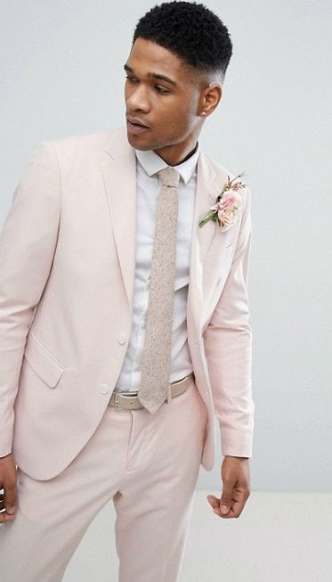 Blush pink suit for a wedding Suit For Wedding Guest, Light Pink Suit, Pink Tux, Pink Suit Men, Pink Groomsmen, Pink Bridal Party, Pink Tuxedo, Suit For Wedding, Denim Wedding