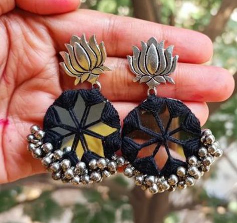 Navratri fashion, mirror earrings Mirror Work Earings Design, Navratri Mirror Jewellery, Earrings For Navratri, Mirror Embroidery Earrings, Diy Mirror Earrings, Mirror Work Earrings Handmade, Navratri Special Jewellery, Navratri Earrings Handmade, Navratri Belt Handmade Mirror