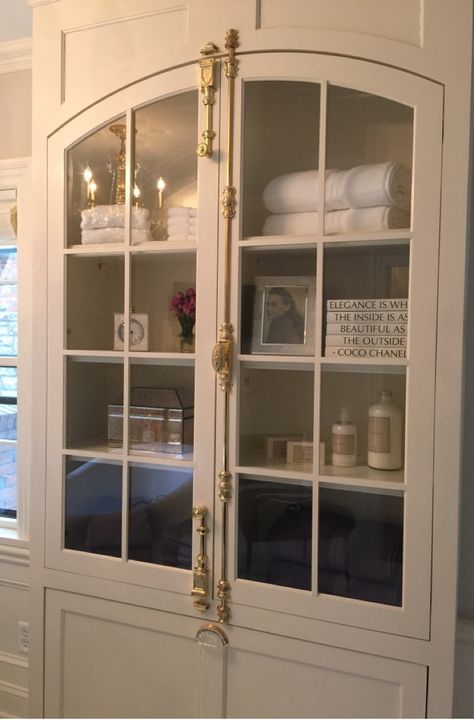 Mirrored Linen Cabinet, Custom Linen Cabinet, Large Linen Closet Ideas, Bathroom Linen Cabinet Built In, Built In Bathroom Cabinet, Linen Cabinet In Bathroom, Bathroom Armoire, Repurposed China Cabinet, Bathroom Linen Tower