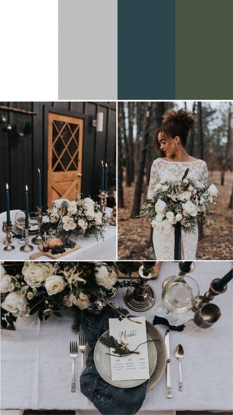 7 Palette Ideas for Winter Wedding Colors | Junebug Weddings New Years Wedding Color Palette, January Wedding Palette, Winter Weddings Wedding Dress, Green And Silver Winter Wedding, Winter Wedding Palate, Wedding Dresses December, Winter Wedding Pallet Colors, Pine Wedding Colors, December Wedding Palette