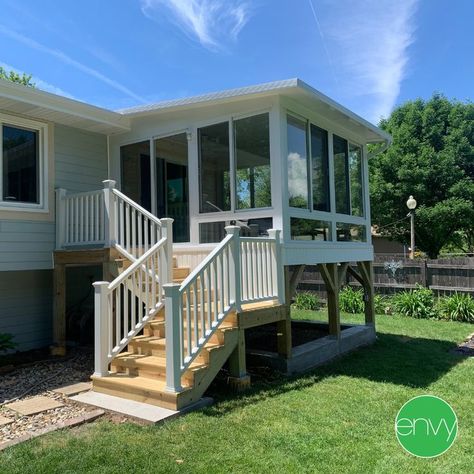 Sunroom Addition Enclosed Patio, Second Story Sunroom, Add A Sunroom, Enclosed Decks, Screened In Deck, Sunroom Addition, Raised Deck, Three Season Room, Sunroom Decorating