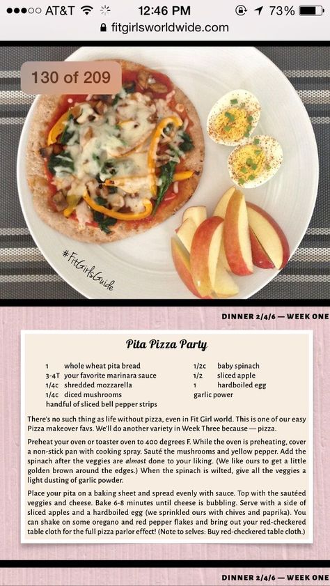 Pita party recipe Fit Girls Guide Meal Plan, Fit Girls Guide Recipes, Dinner Diet, Pita Pizzas, Fit Girls Guide, Fat Burning Workout Routine, 28 Day Challenge, Low Carb Diet Plan, Post Workout Food