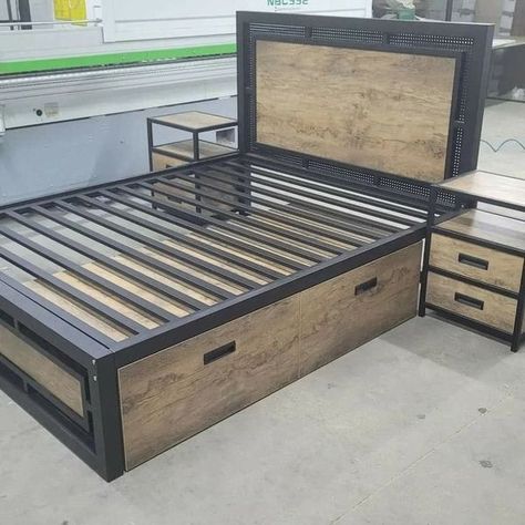 Modern Luxury Bedroom Bed Frames, Custom Steel Furniture, Full Size Metal Bed Frame, Steel Frame Furniture, Bed Design Modern Luxury, Metal And Wood Bench, Steel Bed Design, Steel Furniture Design, Side Drawers