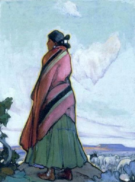 Ira Diamond Gerald Cassidy (1879-1934, USA) - Navajo Shepherdess Navajo Art, American Gallery, Native American Images, Native American Artwork, Southwestern Art, Native American Peoples, American Painting, Giclee Painting, Southwest Art