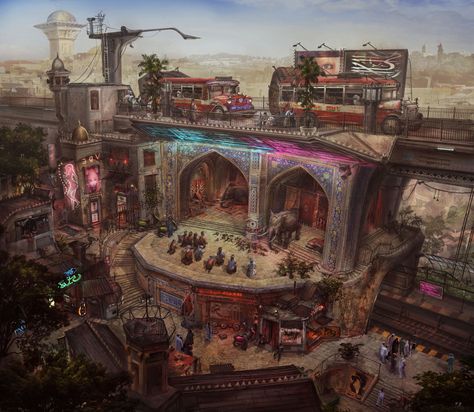 ArtStation - Mideastia, David Noren Fantasy Setting Concept Art, Wasteland Warrior, The Artist's Way, Science Fiction Artwork, Street Punk, Urban Landscapes, Fantasy Setting, Weird Creatures, Environment Design