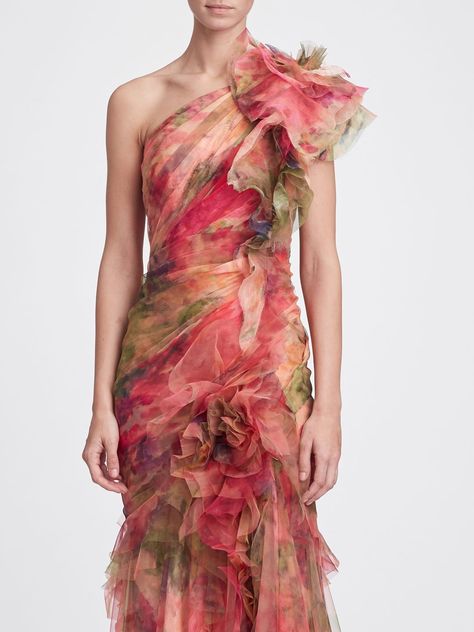 One-Shoulder printed silk organza gown | Shop the Marchesa Collection Organza Evening Gown, Coral Evening Gown, Organza Fabric Dresses, Floral Organza Dress, Floral Print Gowns, Organza Gown, Dreamy Watercolor, Organza Gowns, Silk Satin Fabric