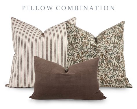 Pillow Combinations, Pillow Combo, Pillow Combos, Fall Pillow, Neutral Pillows, Brown Floral Print, Block Printed Pillows, Set Sofa, Coordinating Patterns