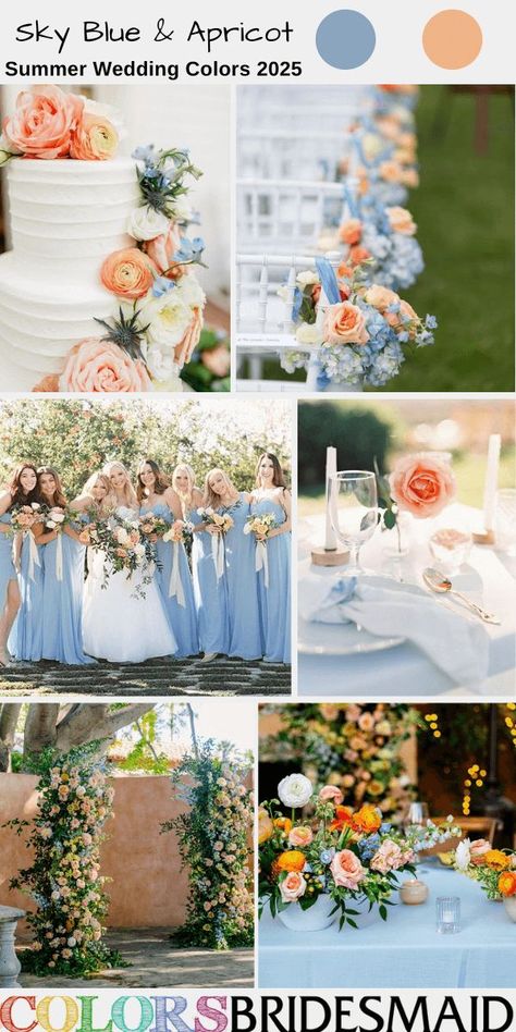 Sky blue and apricot summer wedding colors 2025, sky blue bridesmaid dresses, white bridal gown, sky blue and apricot flowers of bouquets, ceremony arch, wedding cake décor and wedding aisle chair décor, sky blue wedding tablecloth apricot flowers reception centerpieces. #weddingcolors #weddingideas #summerweddings #colsbm #2025 #bridesmaiddresses #bluewedding #skyblueandapricot #skybluewedding Ice Blue Peach Wedding, Blue And Apricot Wedding, Wedding Theme Ideas Blue, Spring Wedding Colors Schemes Blue, Light Blue And Coral Wedding, Summer Beach Wedding Colors, Sky Blue Wedding Theme, Dusty Blue And Peach Wedding, Wedding Colors 2025