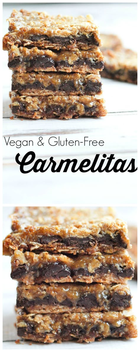 Vegan and gluten-free dessert idea! These Carmelitas are the BEST cookie bar you will ever sink your teeth into. Such a great dessert, would be great for a Thanksgiving or Christmas dessert. Vegan Carmelitas, Healthy Ish Desserts, Vegan Bars, Weight Watcher Desserts, Cheesecake Vegan, Dessert Oreo, Gooey Caramel, Vegan Christmas Recipes, Gluten Free Christmas