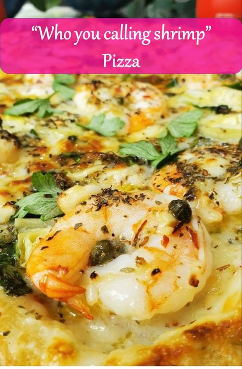 This Version of the Shrimp Scampi Pizza is anything but shrimpy. There is nothing small in size about this Pizza starting with the flavor of the base which is our Compound Roasted Garlic Butter. We have garlic, lemon, and capers, while the shrimp, cheeses, spinach and artichoke hearts mellow and balance this pizza making it a well rounded flavor profile. If you are looking for the BEST Shrimp Scampi Pizza Recipe. Here it is. #pizza #recipe #food #homemade #shrimp #scampi Shrimp Pizza Recipe, Homemade Shrimp Scampi, Shrimp Scampi Pizza, Scampi Pizza, Best Shrimp Scampi, Roasted Garlic Butter, Garlic Shrimp Scampi, Shrimp Pizza, Honey Pizza