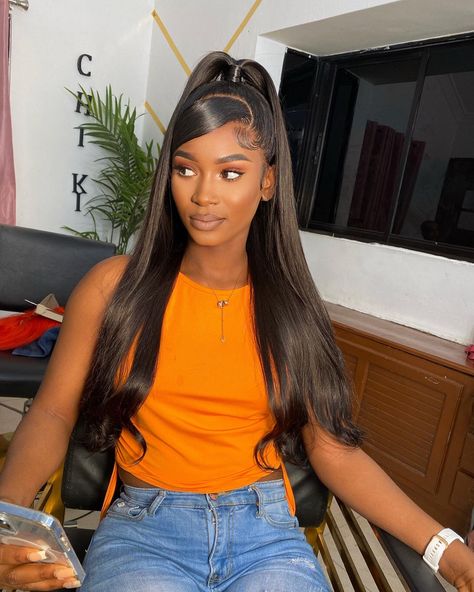 Lace Front Wigs Half Up Half Down, Wig Install Hairstyles Straight Hair, Straight Wig Hairstyle Ideas, Wig Installation Styles, Frontal Installation Styles, Wig Install Ideas, Straight Frontal Hairstyles, Half Up Half Down Wig Black Women, Half Up Half Down Lace Front Wig