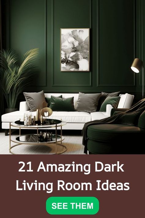 Explore a collection of 21 incredible dark living room ideas for a cozy and elegant home decor. From bold accent walls to chic furniture pieces, these inspirations will help you create a sophisticated and inviting space in your living area. Showcase your style with moody color palettes, luxurious textures, and tasteful decor elements. Whether you prefer a modern look or a more traditional design, you'll find plenty of inspiration to transform your living room into a stunning sanctuary that exude Dark Living Room Ideas, Dark Furniture Living Room, Dark Living Room, Dark Green Rooms, Green Walls Living Room, Dark Green Living Room, Bold Interior, Living Room Upgrades, Light Colored Furniture