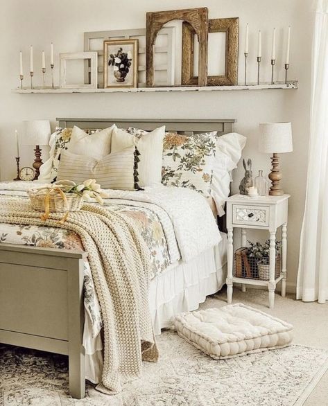 Shelf Above Bed Decor, French Cottage Bedroom, Shelf Above Bed, Bedroom Wall Decor Above Bed, Wall Decor Above Bed, Floating Shelves Bedroom, Farmhouse Bedroom Decor Ideas, Decor Above Bed, White Floating Shelves