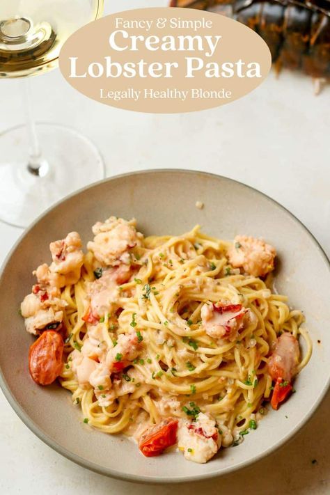 This creamy Lobster Pasta is decadent, rich, and just heavenly! With lobster meat, a white wine cream sauce, cherry tomatoes, this dish has tons of flavor. It's so easy to toss together and is sure to be a hit! Lobster And Steak Pasta, Best Lobster Pasta Recipe, Pasta With Langostino, Lobster Pasta Dishes, Lobster Linguine Recipe, Lobster Linguine With White Wine Sauce, Langostino Lobster Recipes Pasta, Lobster Cream Sauce Pasta, Lobster Scampi Linguini