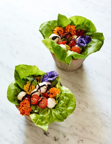 Edible Flowerpot Salad - Jamie Geller Fresh Mozzarella Pizza, Shot Glass Appetizers, Bib Lettuce, Shavuot Recipes, Edible Flowers Recipes, Hanukkah Food, Kale Leaves, Food Hampers, Edible Arrangements