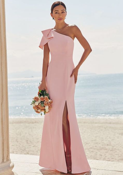 One Shoulder Bow Bridesmaid Dress, Light Pink Fancy Dress, 2025 Bridesmaid Trends, Stacees Prom Dresses, Baby Pink Bridesmaid Dresses, 2024 Bridesmaid Dresses, One Shoulder Pink Dress, Sister Of The Bride Dress, 2026 Wedding