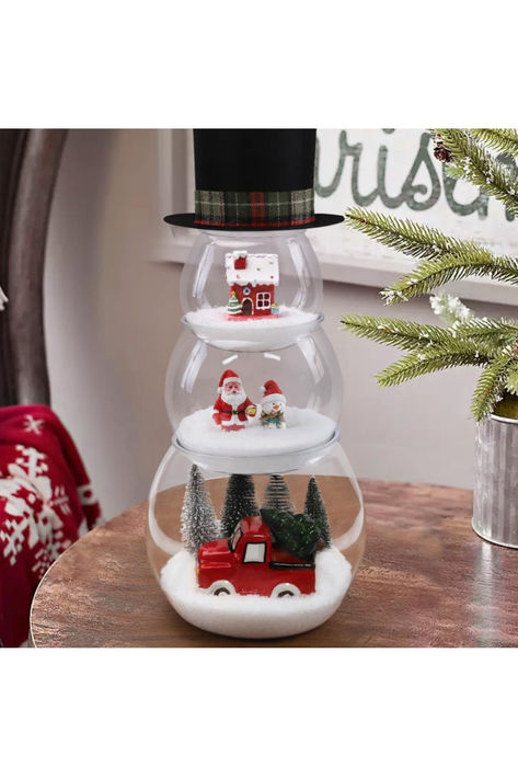 This fishbowl snowman comes with 3 different sizes of fishbowls and a top hat. When assembled, it measures 19" in height and 6" in width. In just 15 minutes, make a fun and whimsical stacked fish bowl snowman decoration for Christmas! Diy Fish Bowl, Fish Bowl Snowman, Ceramic Truck, Fishbowl Snowman, Led Christmas Decor, Bowl Snowman, Christmas Decorations Indoor, Santa Statues, House Ceramic