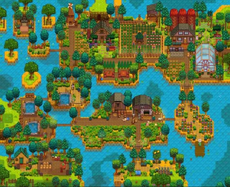 Riverland Farm Layout, Stardew Farms, Stardew Valley Layout, Stardew Valley Tips, Valley River, Stardew Valley Farms, Top Farm, Farm Plans, Farm Layout