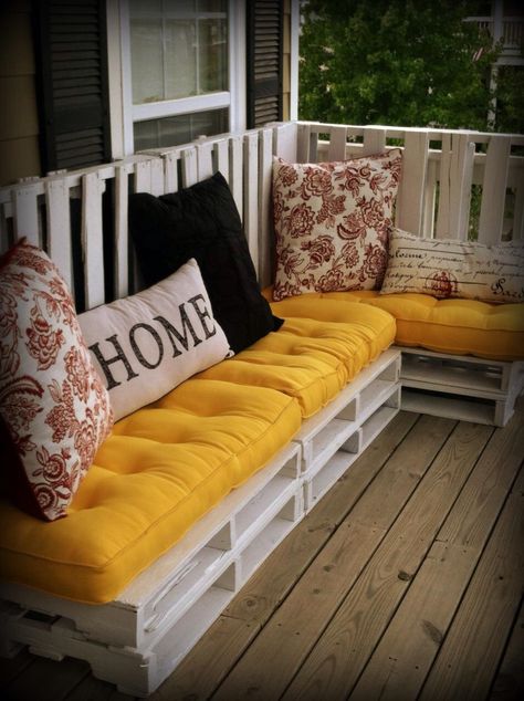 My homemade porch crate furniture!!!! Crate Bench, Diy Crate, Lawn Furniture, Crate Furniture, Porch Swing, Outdoor Seating, Backyard Ideas, Chaise Lounge, Lawn