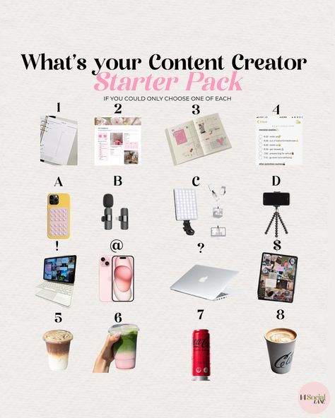 We’ll go first: 1B!5 ,What’s your content creator essentials if you could only choose one of each🫣🩷 . . . #contentcreator#contentcreation#contentcreatortools#contentcreatoressentials#smm#smma#socialmediamanager#socialmediaagency#socialmediamarketingagency#14sociallane Content Creator Essentials, Content Creator Room, Choose One, Starter Pack, Content Creator, The Creator, Social Media, Media, Quick Saves