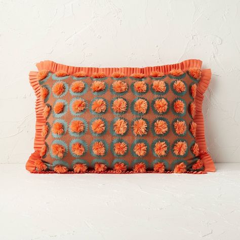 Add a burst or rich color and texture to your space with this Oblong Jungalow Fringe Pom Decorative Throw Pillow from Opalhouse™ designed with Jungalow™. This decorative jacquard throw pillow is adorned with fringed pompoms in coral orange arranged over green circles on a rust-colored background, creating a rich checkered design for a stunning look. It's finished with coral orange pleated trim edges and a solid textured surface on the reverse for added depth and dimension. Featuring a cotton-ble Jungalow Bedroom, Oblong Throw Pillow, Pom Pom Pillows, Orange Throw Pillows, Fringe Pillows, Checker Design, Orange Pillows, Gold Pillows, Orange Coral